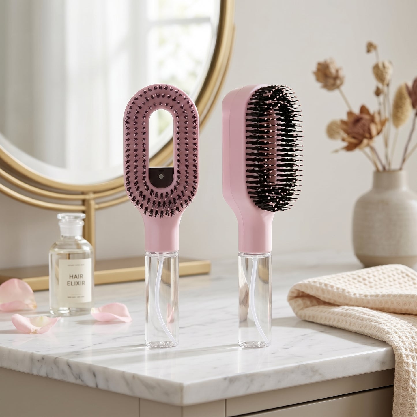 2-in-1 Mist Spray Detangling Hair Brush | Wet & Dry Anti-Frizz Brush for Curly, Wavy & Straight Hair – Pink