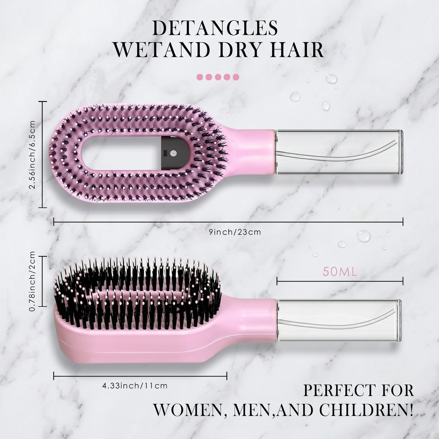 2-in-1 Mist Spray Detangling Hair Brush | Wet & Dry Anti-Frizz Brush for Curly, Wavy & Straight Hair – Pink