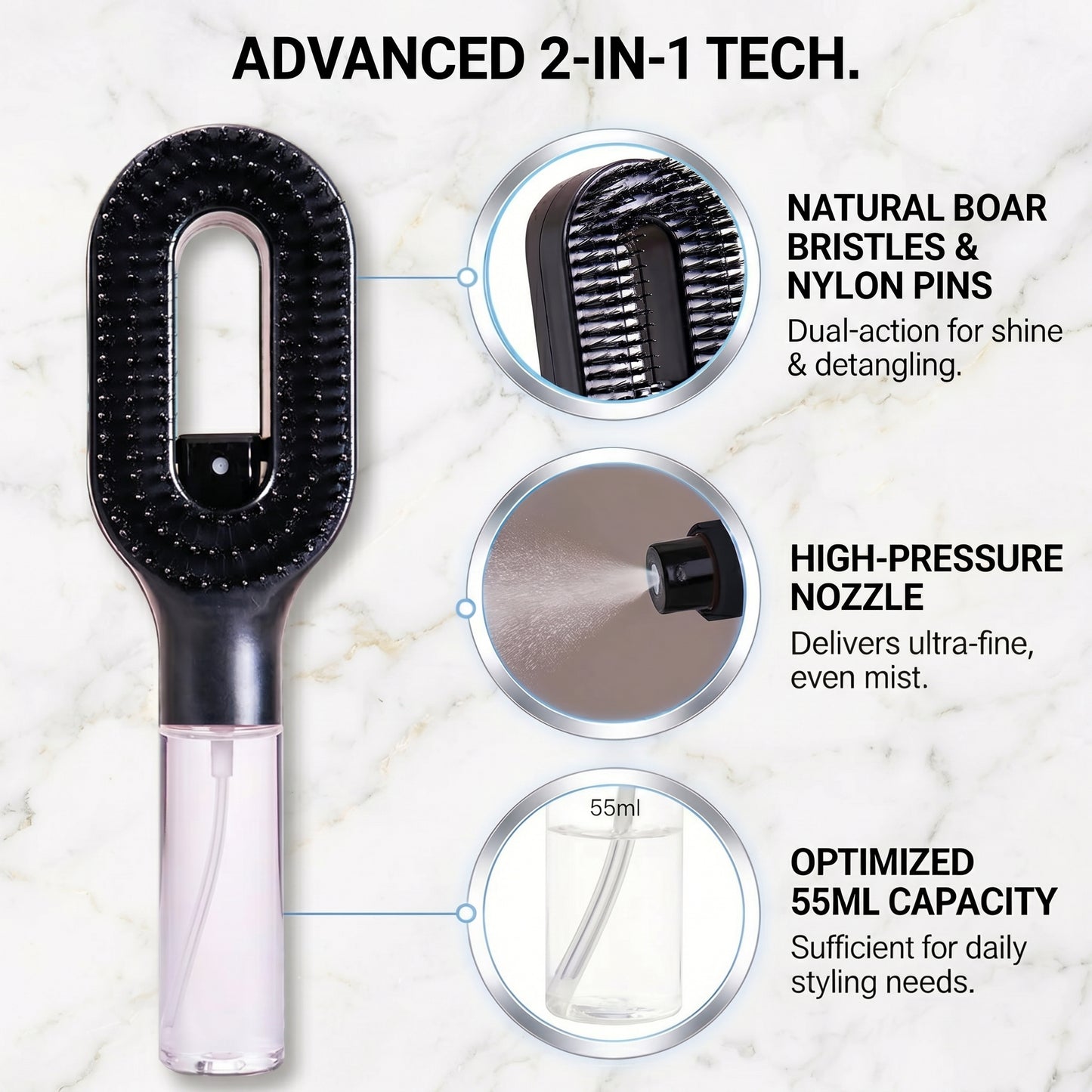 2-in-1 Mist Spray Detangling Hair Brush | Wet & Dry Anti-Frizz Brush for Curly, Wavy & Straight Hair – Pink